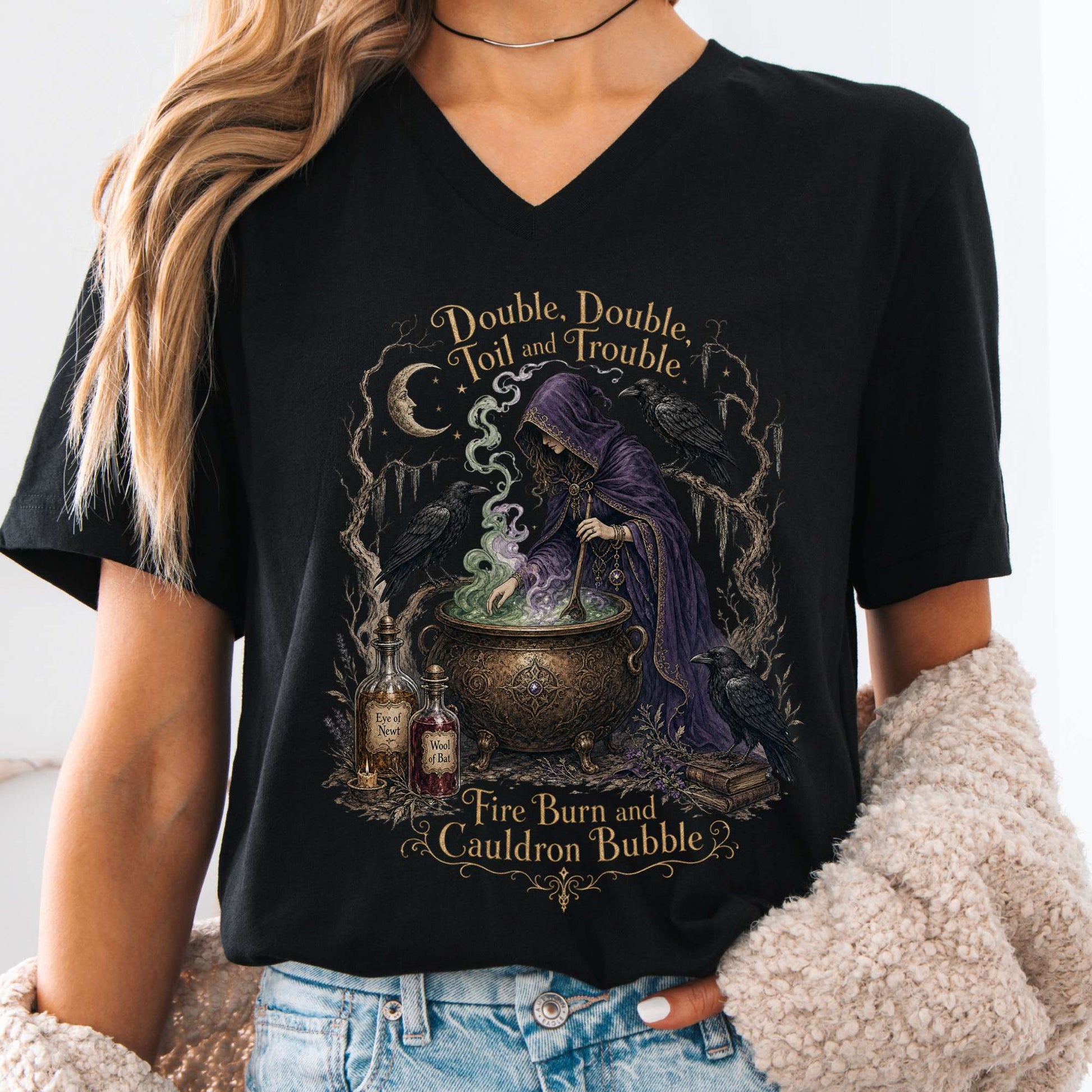 V-neck Black / S Double Double Toil and Trouble Macbeth Witch Shakespeare V-Neck The Mystic Eden