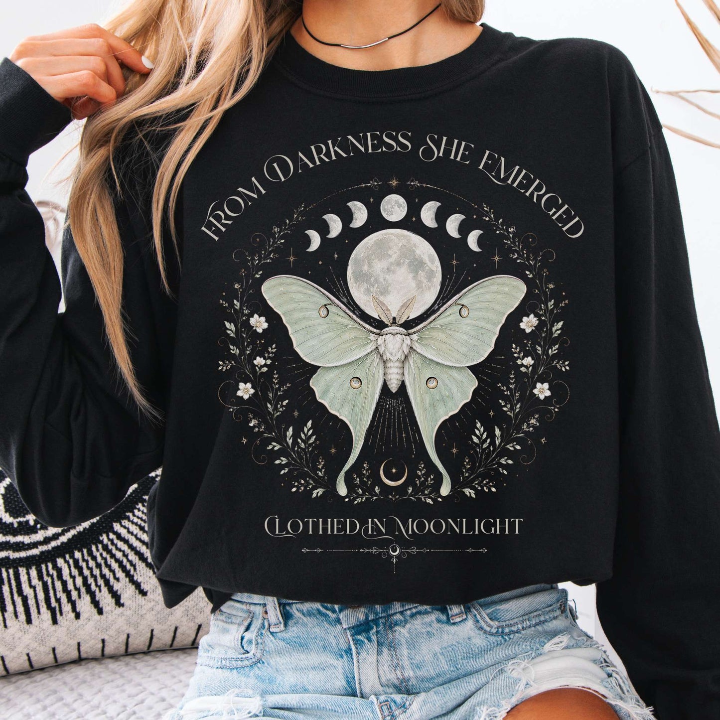Long-sleeve Black / S From Darkness She Emerged Clothed in Moonlight Long Sleeve The Mystic Eden