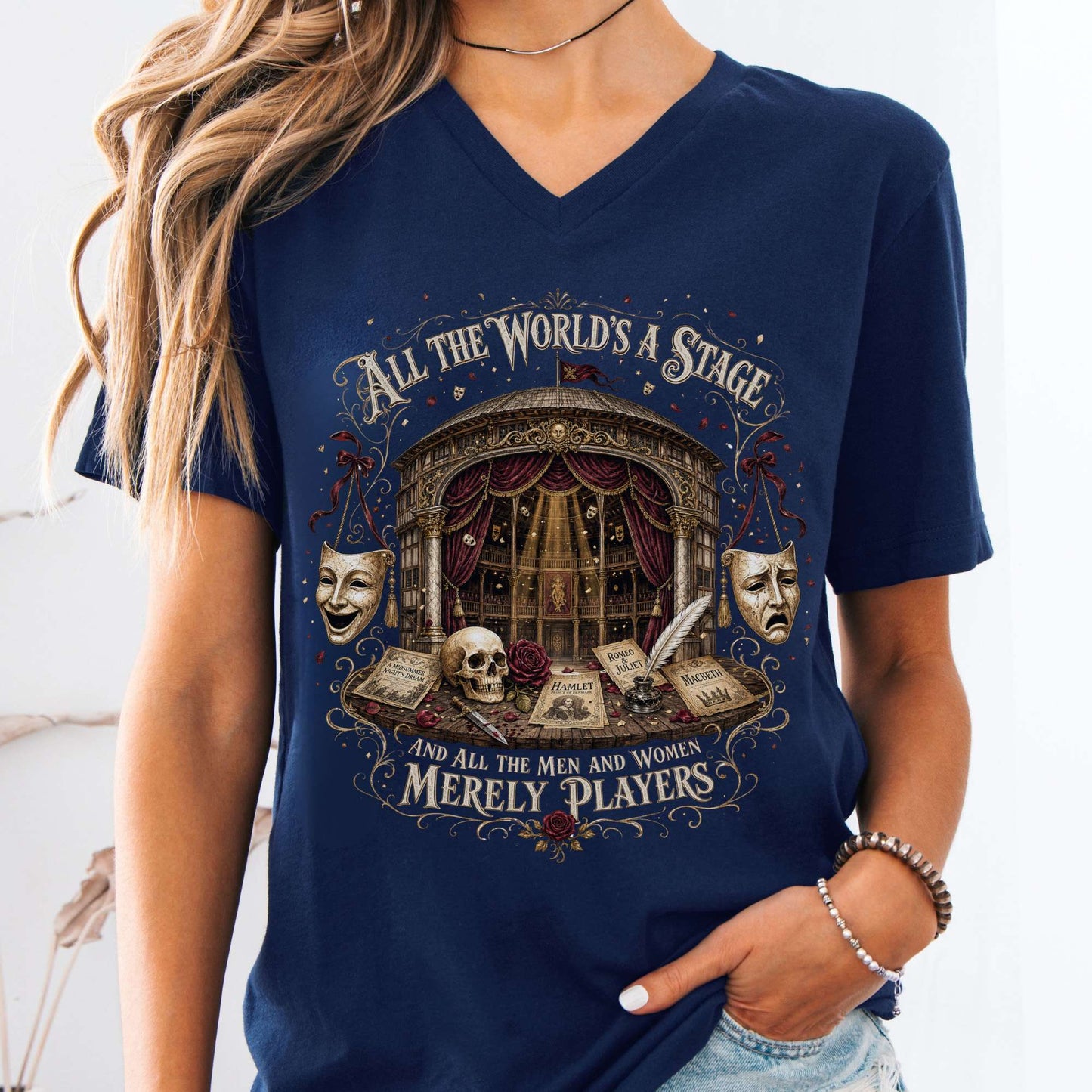 V-neck Navy / S All the World's a Stage Shakespeare V-Neck The Mystic Eden