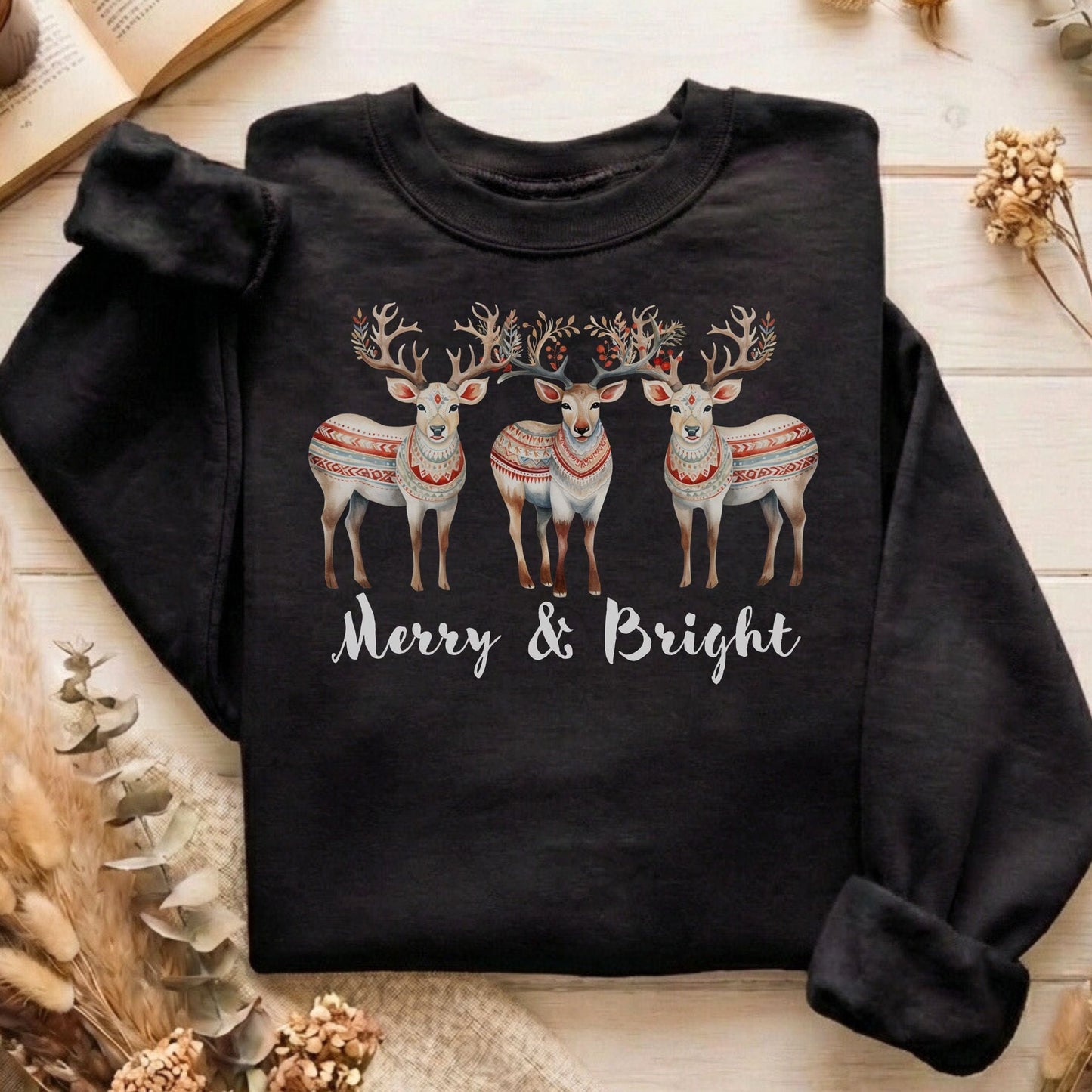 Sweatshirt Black / S Merry and Bright Reindeer Christmas Sweatshirt The Mystic Eden