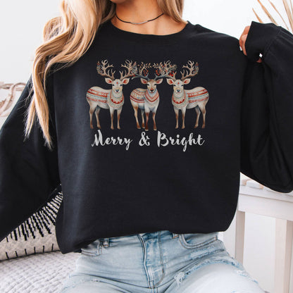 Sweatshirt Merry and Bright Reindeer Christmas Sweatshirt The Mystic Eden