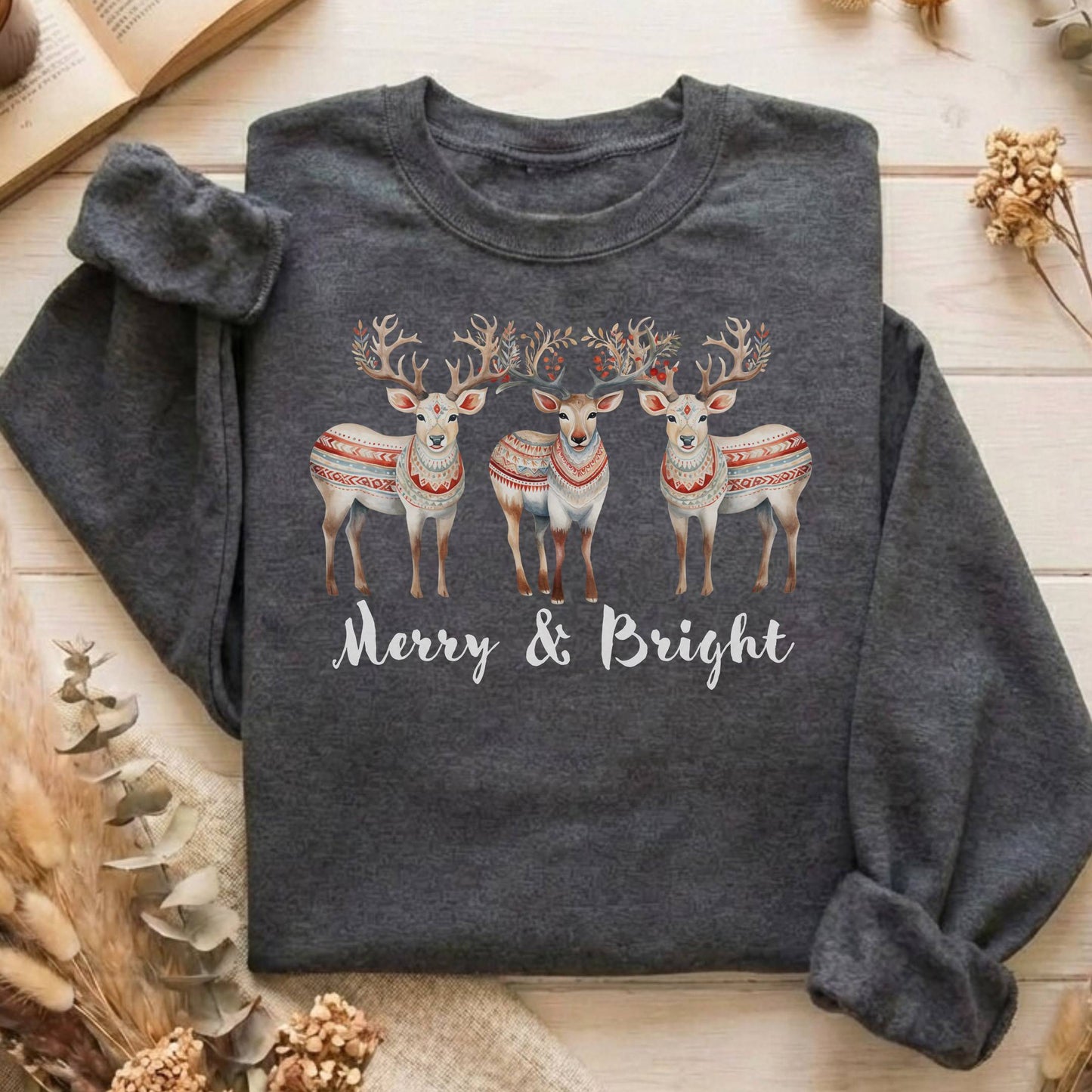 Sweatshirt Dark Heather / S Merry and Bright Reindeer Christmas Sweatshirt The Mystic Eden
