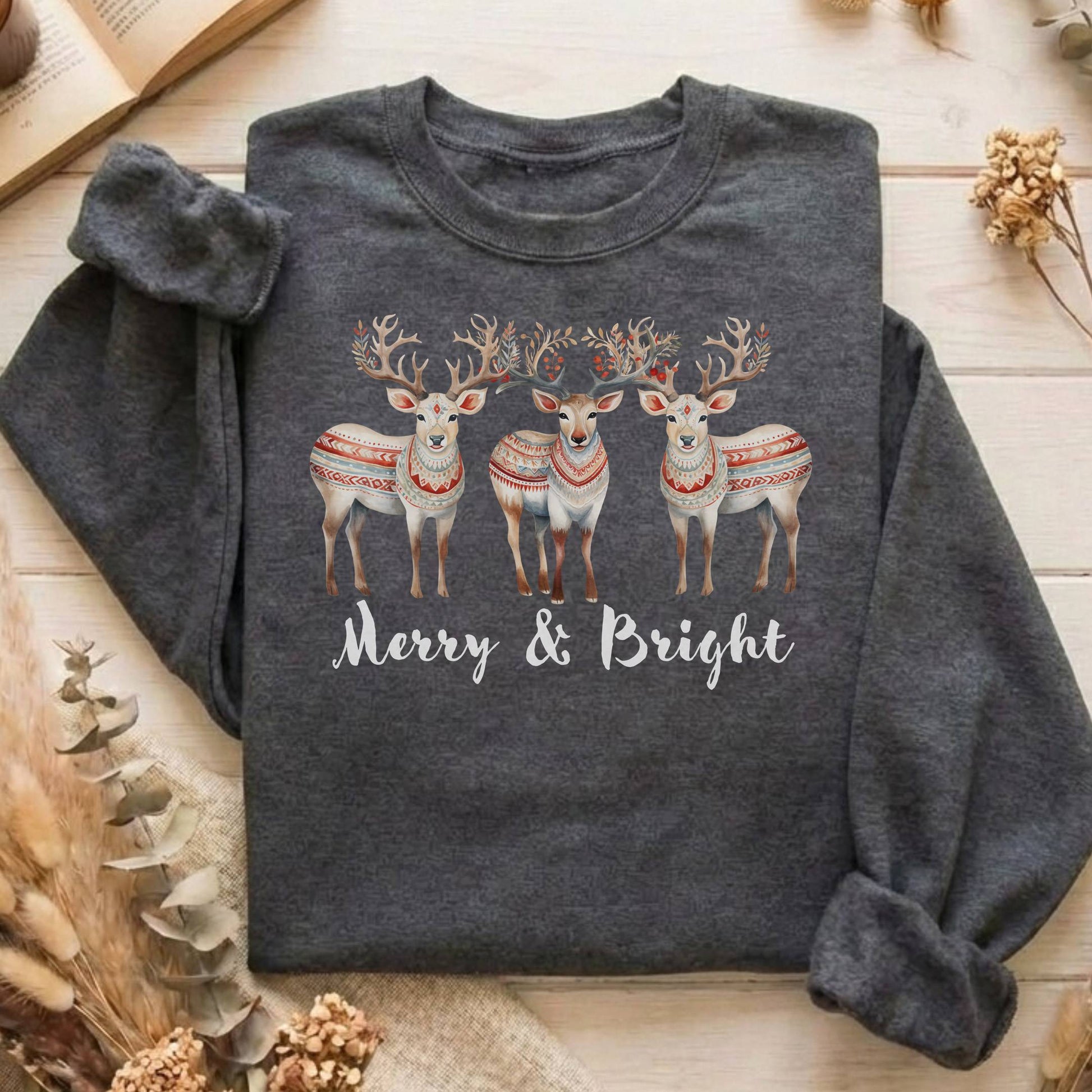 Sweatshirt Dark Heather / S Merry and Bright Reindeer Christmas Sweatshirt The Mystic Eden