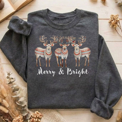 Sweatshirt Dark Heather / S Merry and Bright Reindeer Christmas Sweatshirt The Mystic Eden