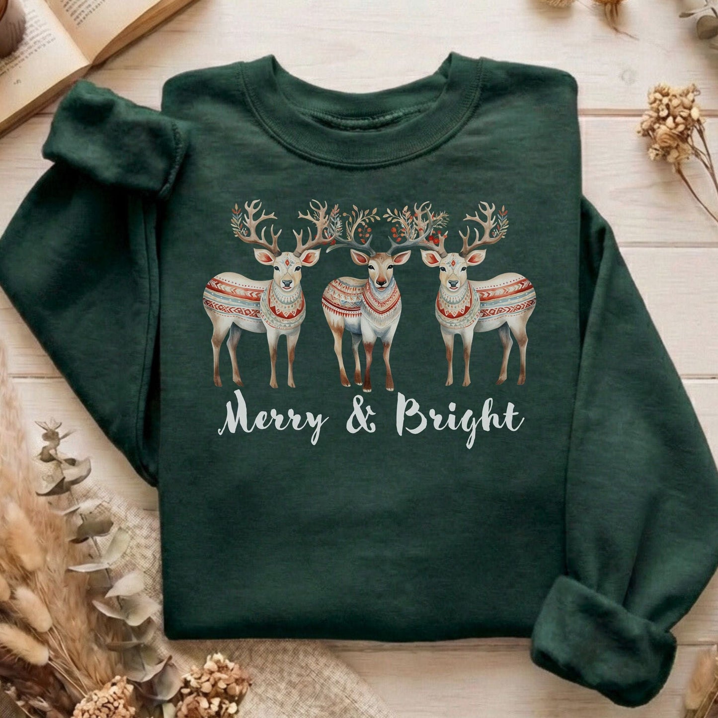 Sweatshirt Forest Green / S Merry and Bright Reindeer Christmas Sweatshirt The Mystic Eden