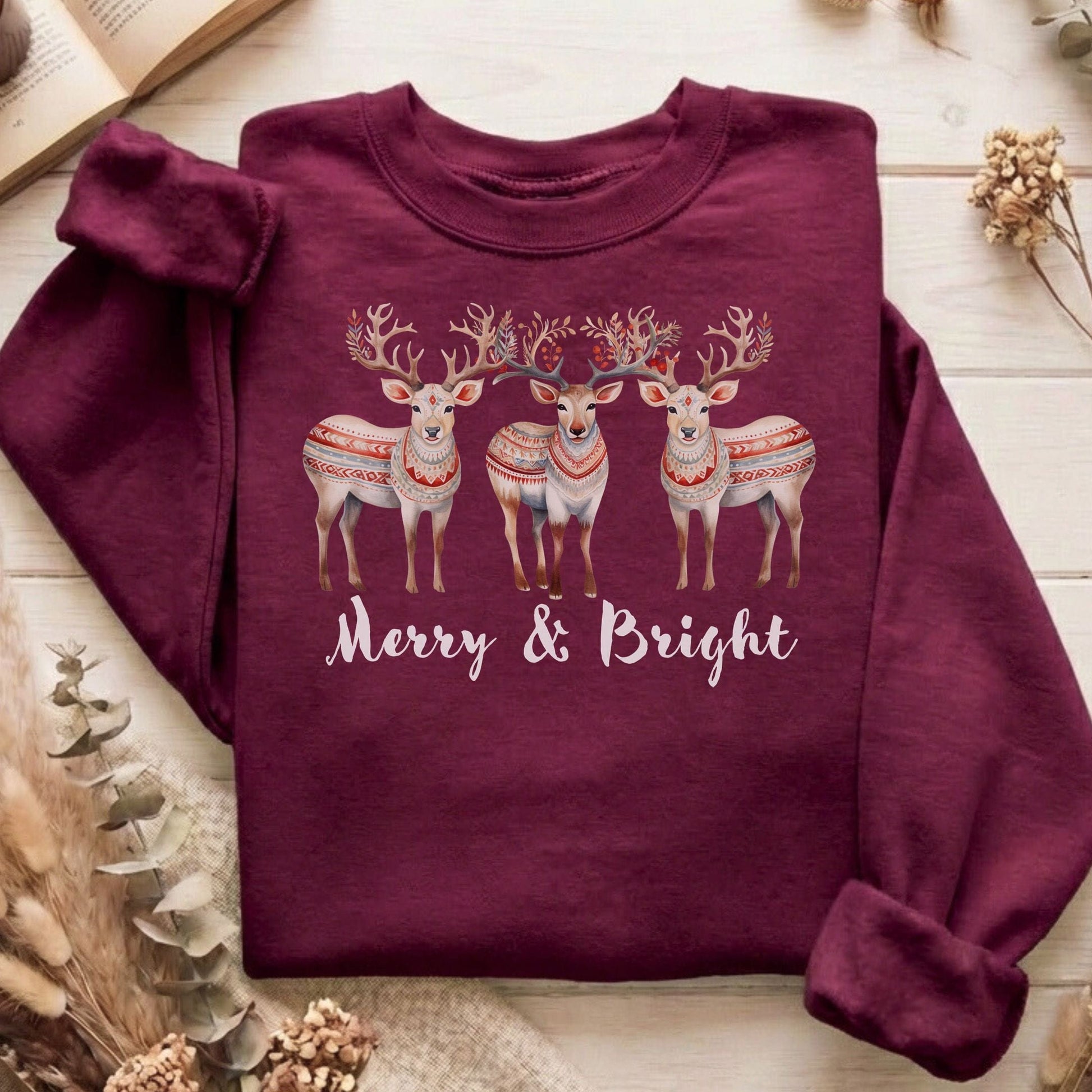 Sweatshirt Maroon / S Merry and Bright Reindeer Christmas Sweatshirt The Mystic Eden