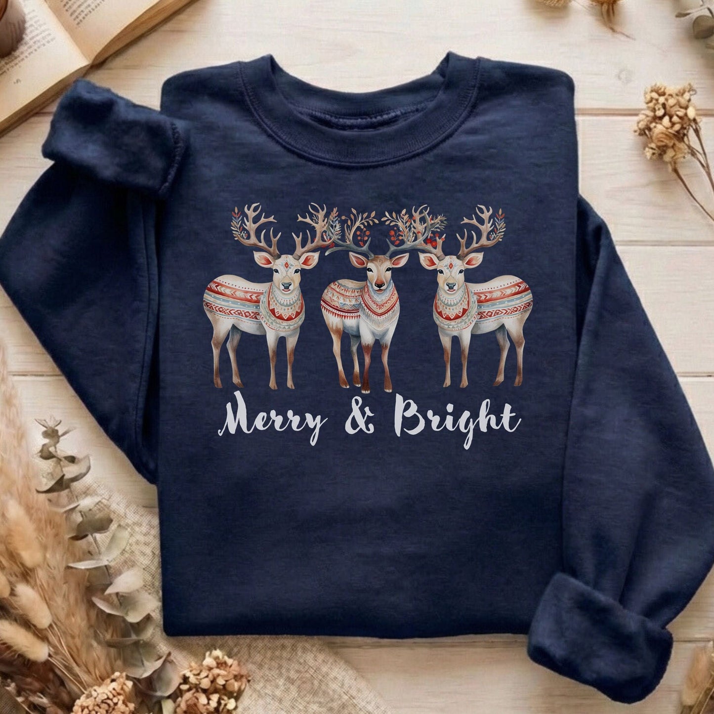 Sweatshirt Navy / S Merry and Bright Reindeer Christmas Sweatshirt The Mystic Eden