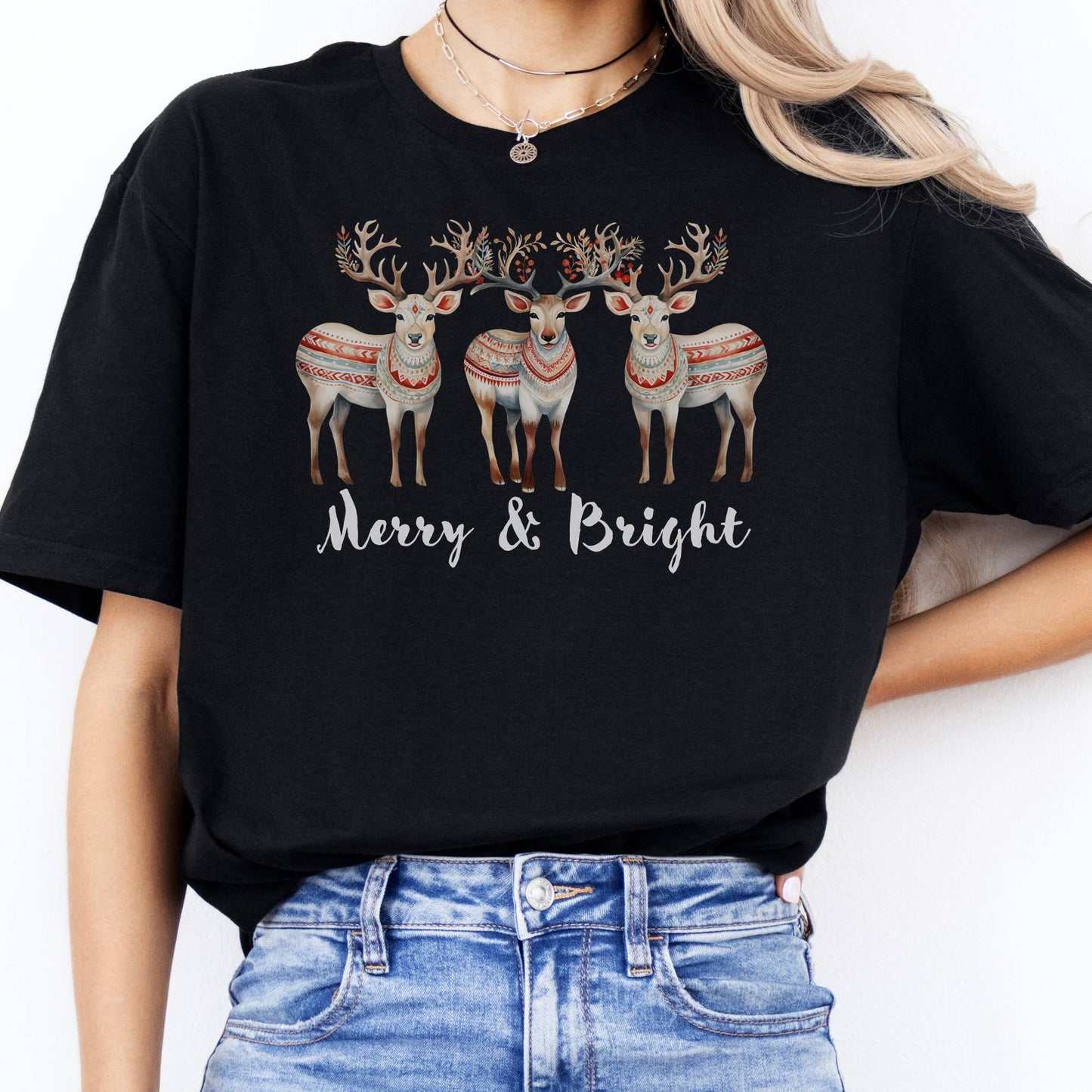 T-Shirts Merry and Bright Reindeer Christmas T-Shirt The Mystic Eden