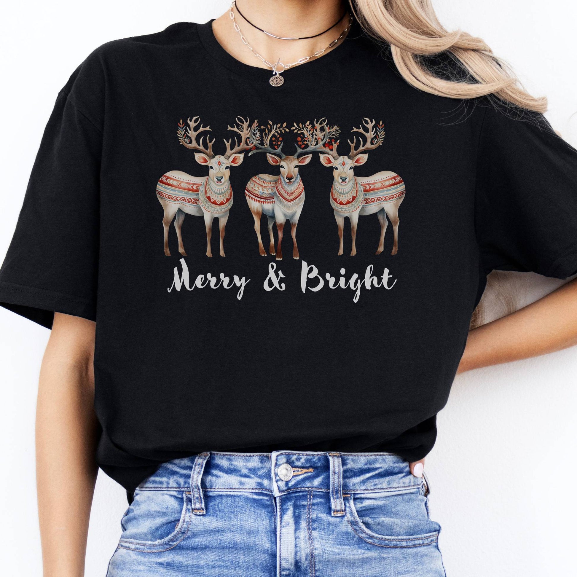 T-Shirts Merry and Bright Reindeer Christmas T-Shirt The Mystic Eden