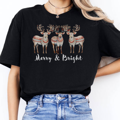 T-Shirts Merry and Bright Reindeer Christmas T-Shirt The Mystic Eden