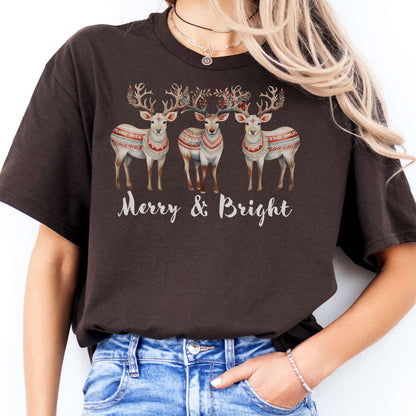 T-Shirts Merry and Bright Reindeer Christmas T-Shirt The Mystic Eden