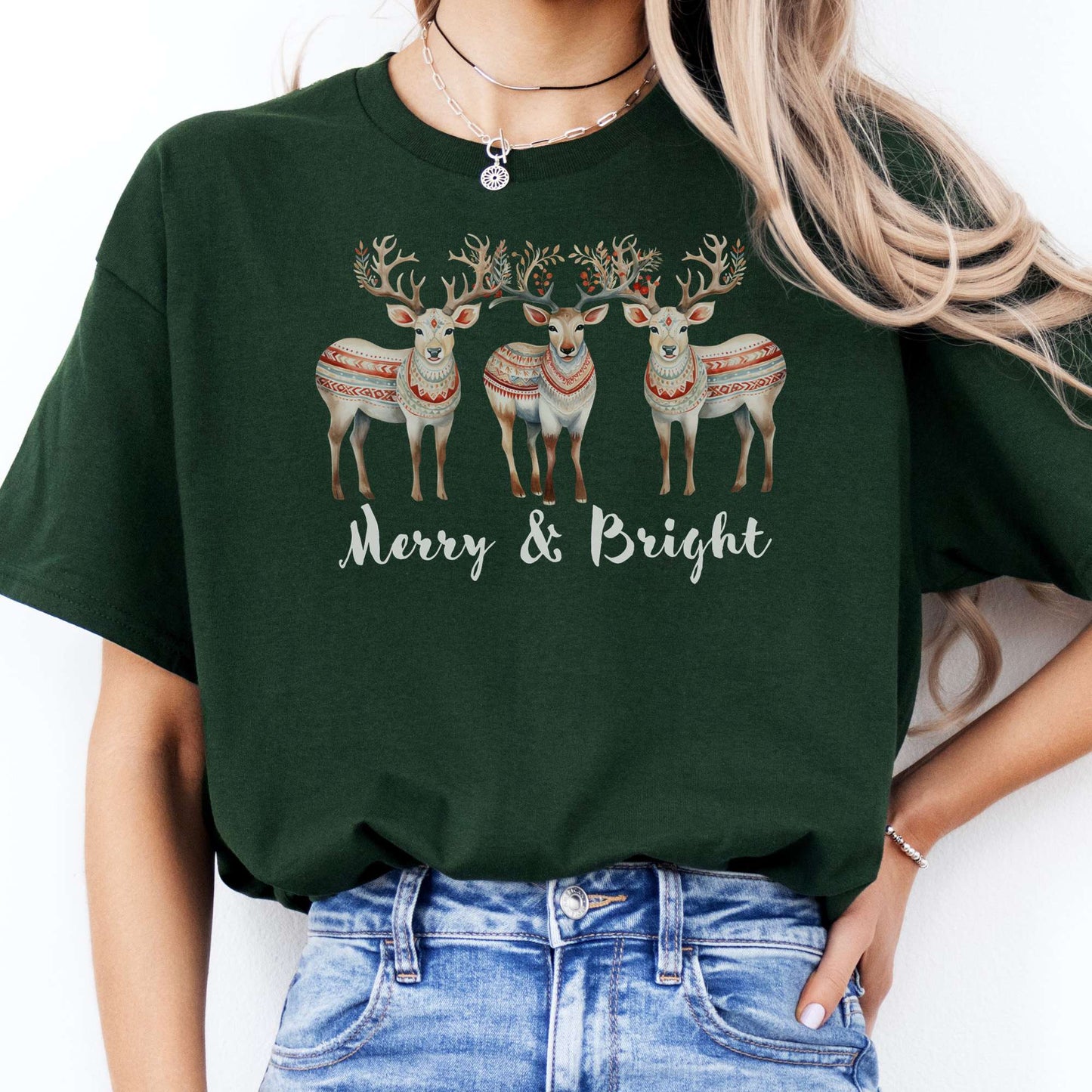 T-Shirts Merry and Bright Reindeer Christmas T-Shirt The Mystic Eden