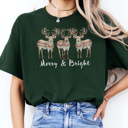 T-Shirts Merry and Bright Reindeer Christmas T-Shirt The Mystic Eden
