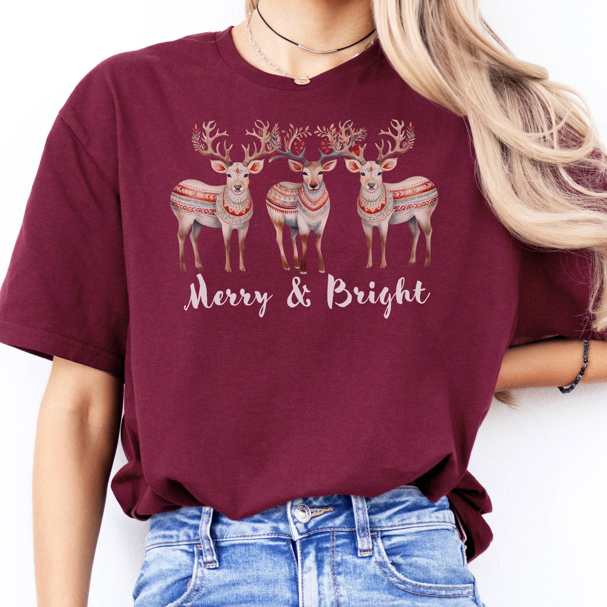 T-Shirts Merry and Bright Reindeer Christmas T-Shirt The Mystic Eden