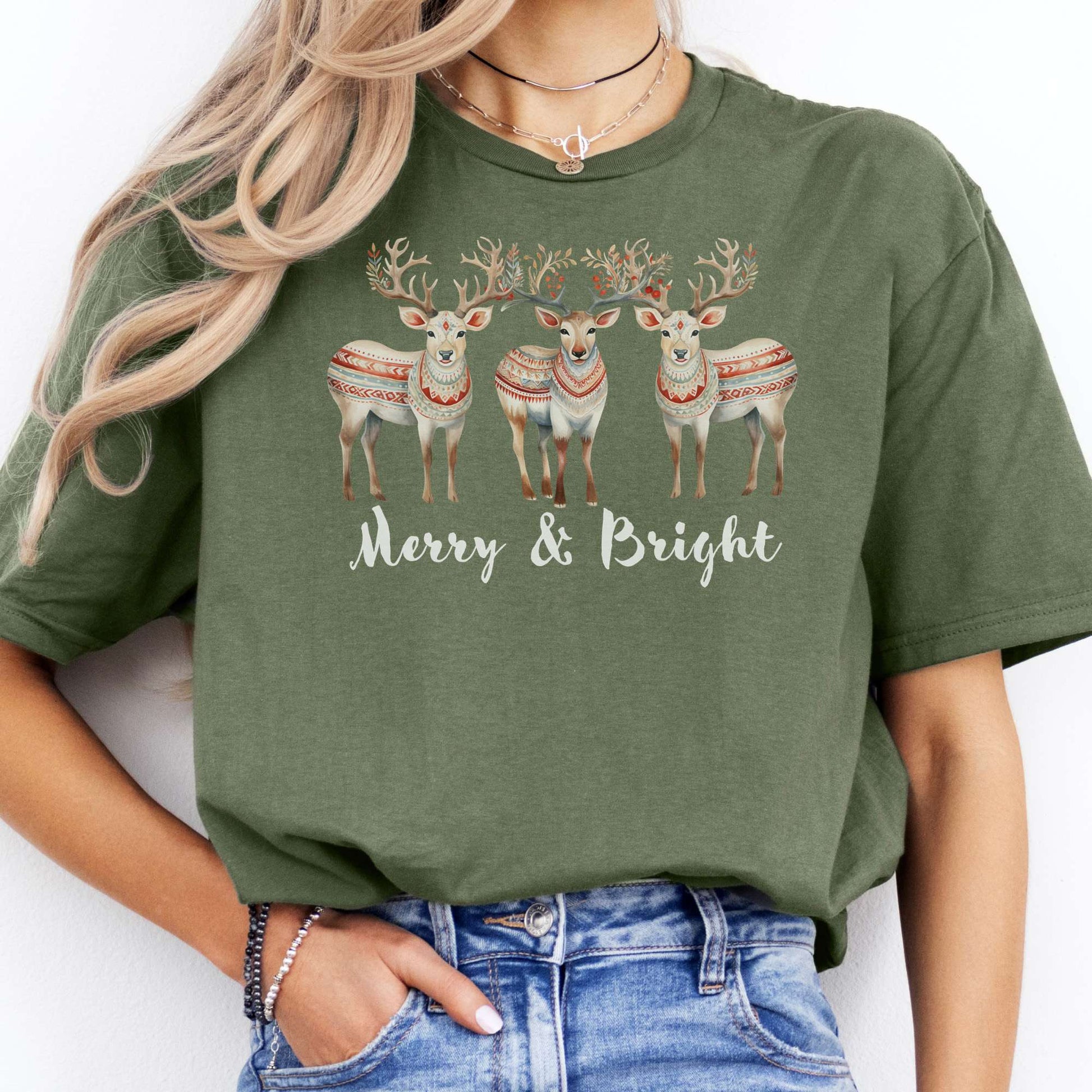 T-Shirts Merry and Bright Reindeer Christmas T-Shirt The Mystic Eden