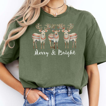 T-Shirts Merry and Bright Reindeer Christmas T-Shirt The Mystic Eden