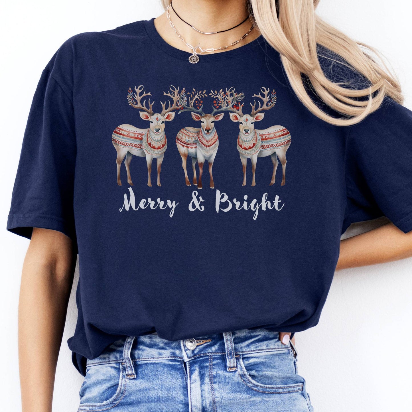 T-Shirts Merry and Bright Reindeer Christmas T-Shirt The Mystic Eden