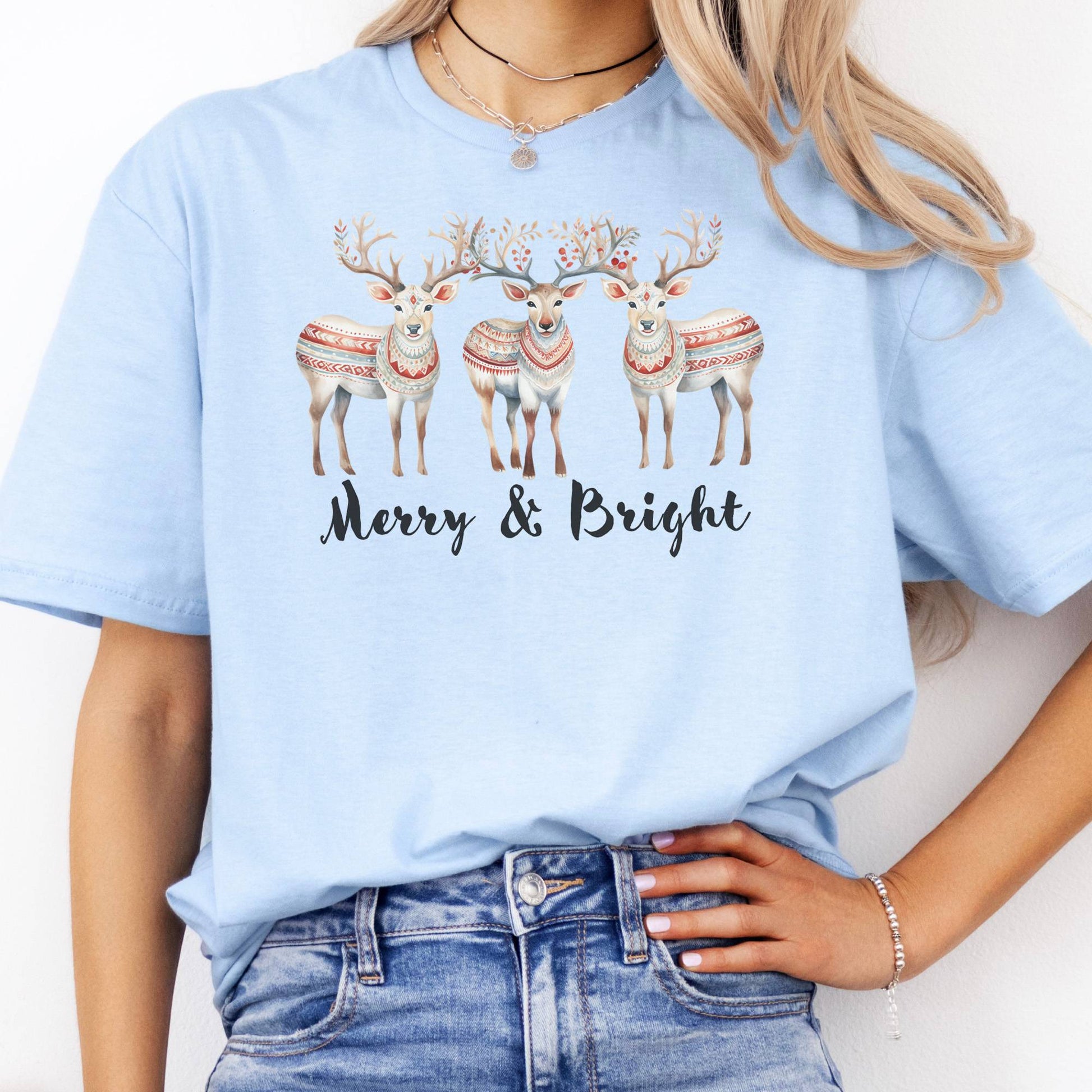 T-Shirts Merry and Bright Reindeer Christmas T-Shirt The Mystic Eden
