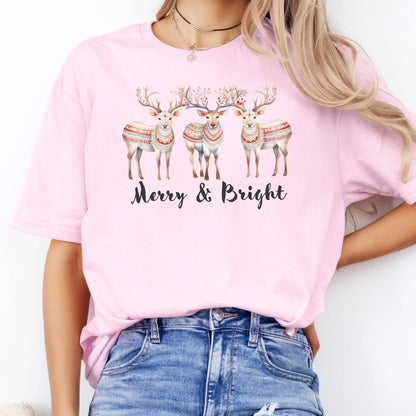 T-Shirts Merry and Bright Reindeer Christmas T-Shirt The Mystic Eden
