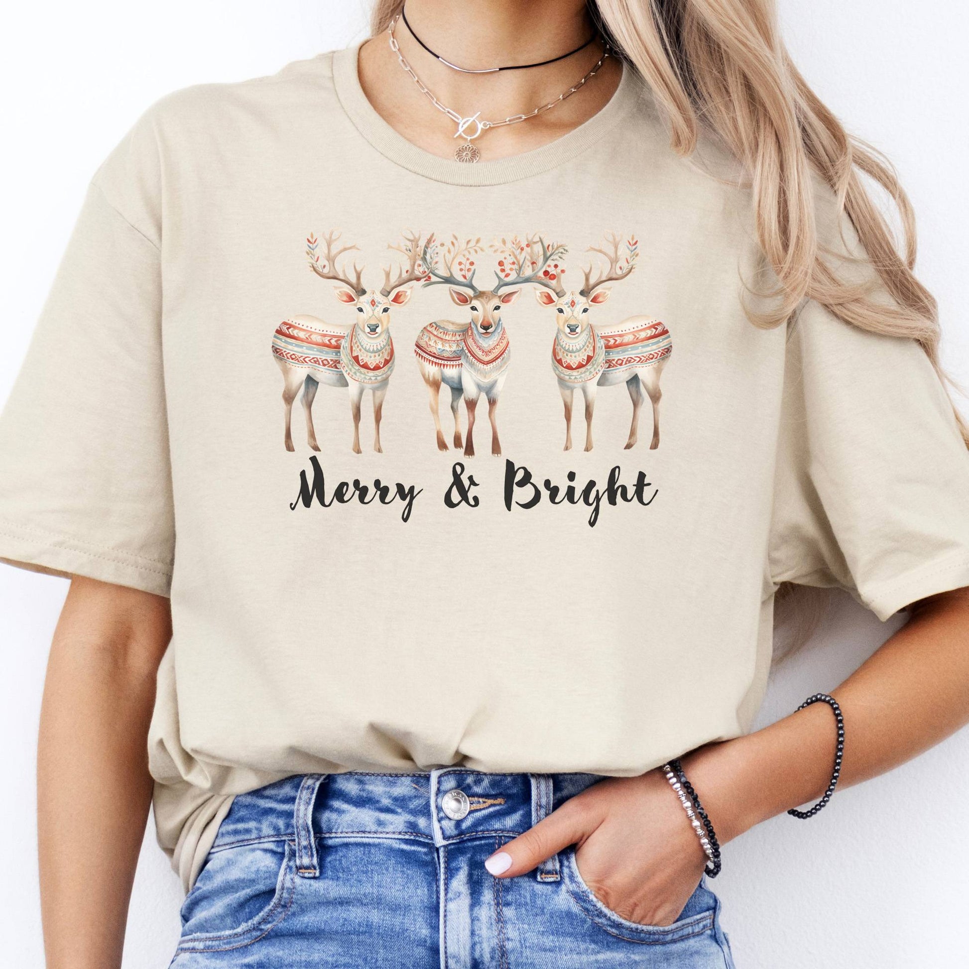 T-Shirts Merry and Bright Reindeer Christmas T-Shirt The Mystic Eden