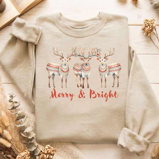 Sweatshirt Sand / S Merry and Bright Reindeer Christmas Sweatshirt The Mystic Eden