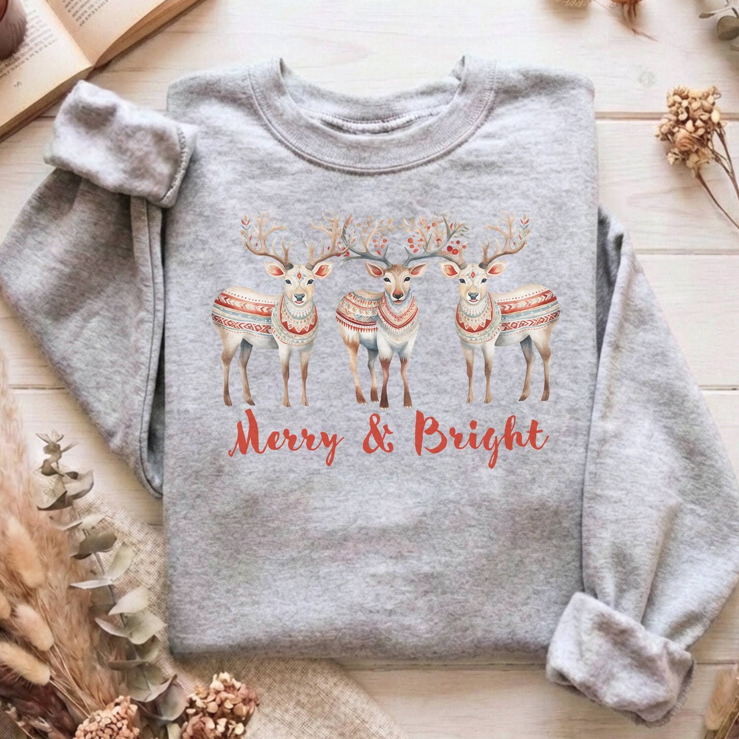 Sweatshirt Sport Grey / S Merry and Bright Reindeer Christmas Sweatshirt The Mystic Eden