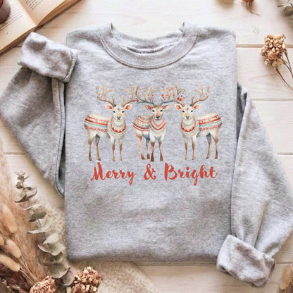 Sweatshirt Sport Grey / S Merry and Bright Reindeer Christmas Sweatshirt The Mystic Eden