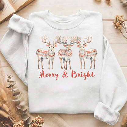 Sweatshirt White / S Merry and Bright Reindeer Christmas Sweatshirt The Mystic Eden