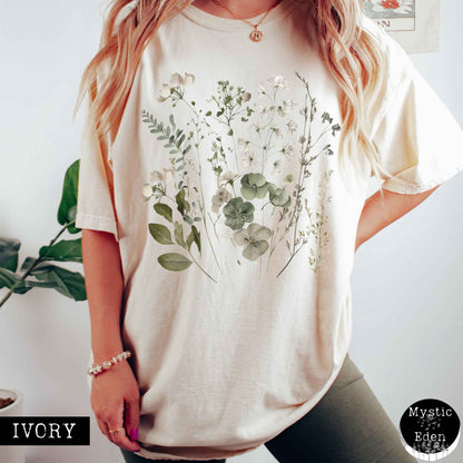 Vintage cottagecore sage and white wildflower shirt