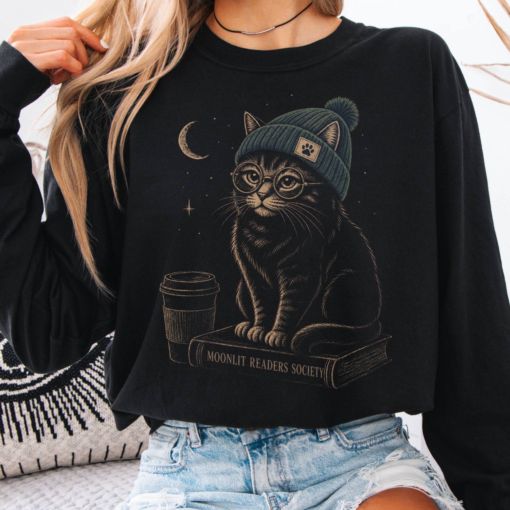 Long-sleeve Black / S Moonlit Readers Society Cat Long Sleeve The Mystic Eden