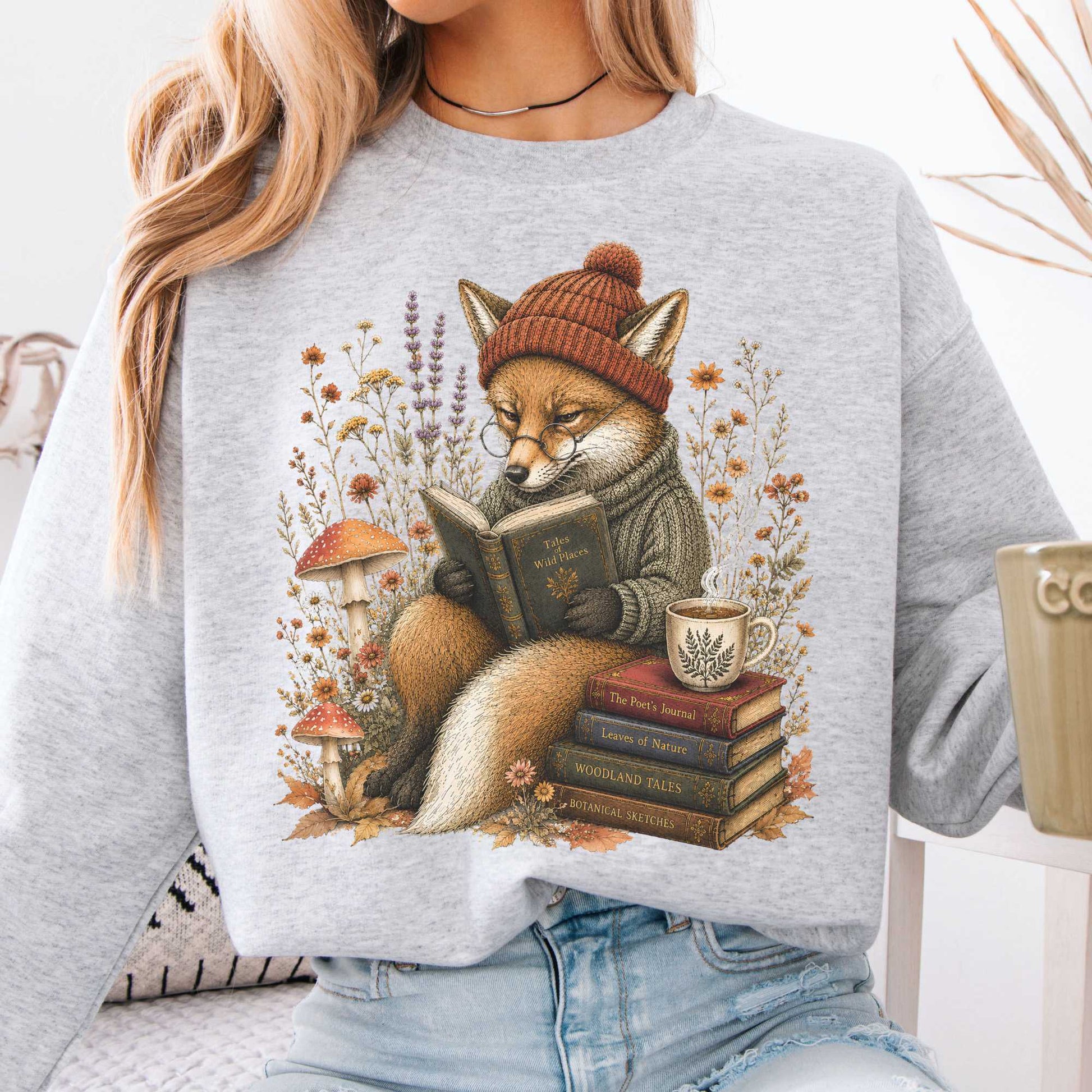 Sweatshirt Ash / S The Woodland Reader Fox Crewneck Sweatshirt The Mystic Eden