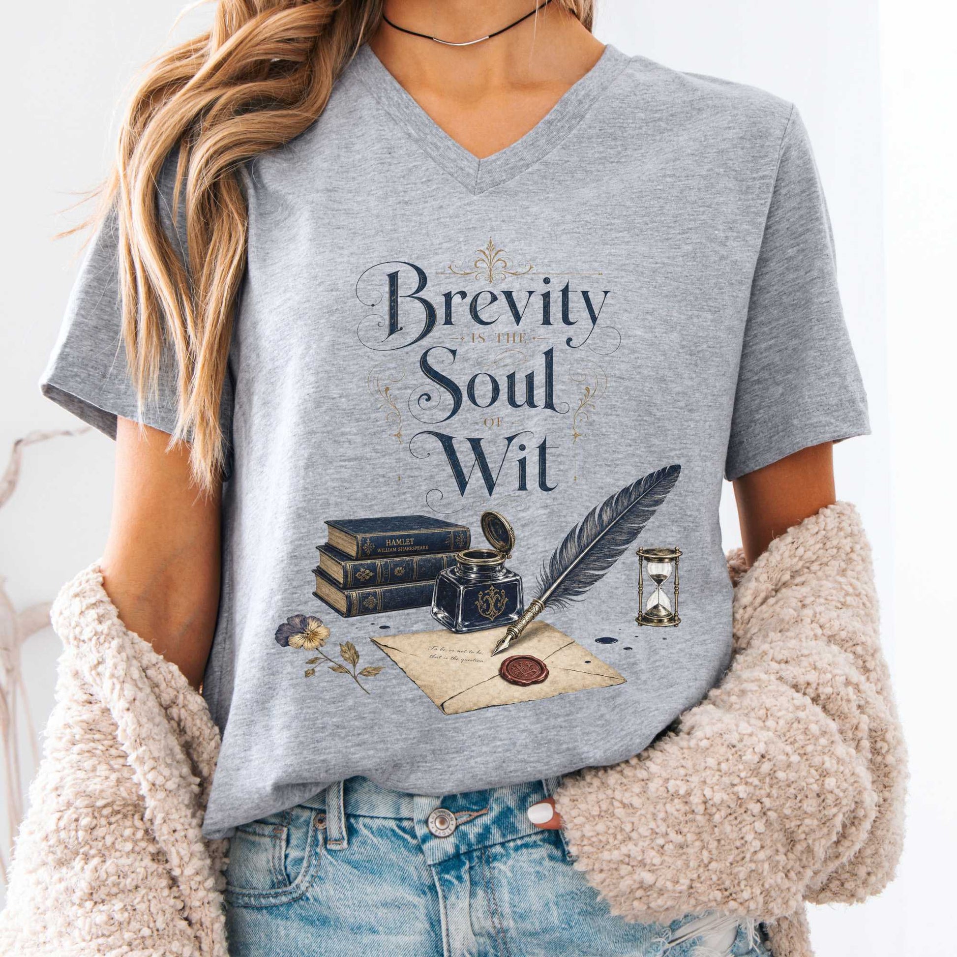 V-neck Athletic Heather / S Brevity Is the Soul of Wit Shakespeare Literary V-Neck The Mystic Eden