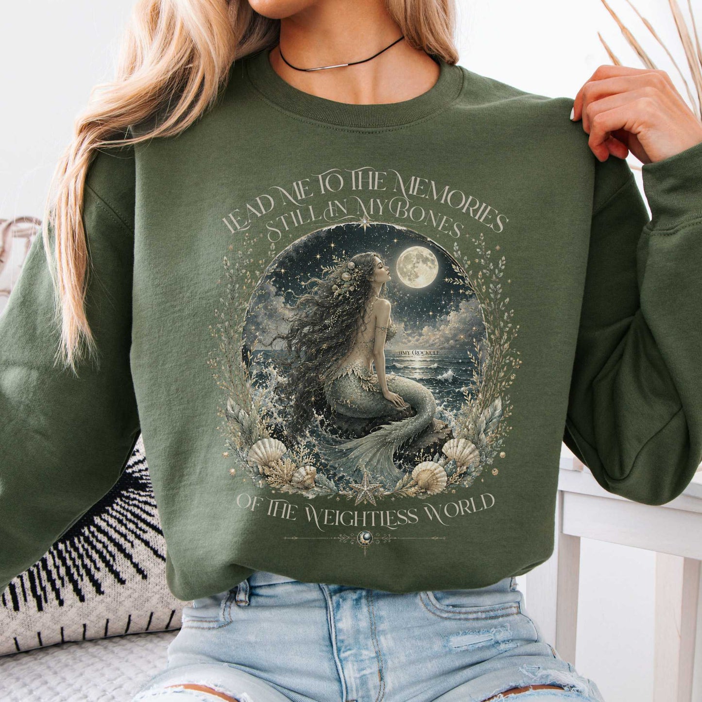 Sweatshirt Military Green / S A Mermaid's Memories Of The Weightless World Amy Crockett Crewneck Sweatshirt The Mystic Eden