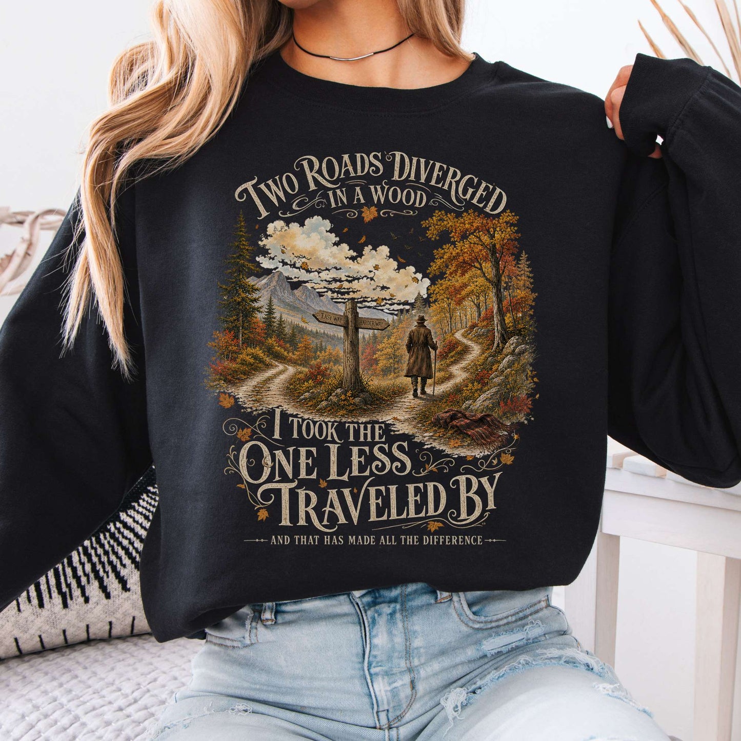 Sweatshirt Black / S The Road Not Taken Robert Frost Literary Crewneck Sweatshirt The Mystic Eden