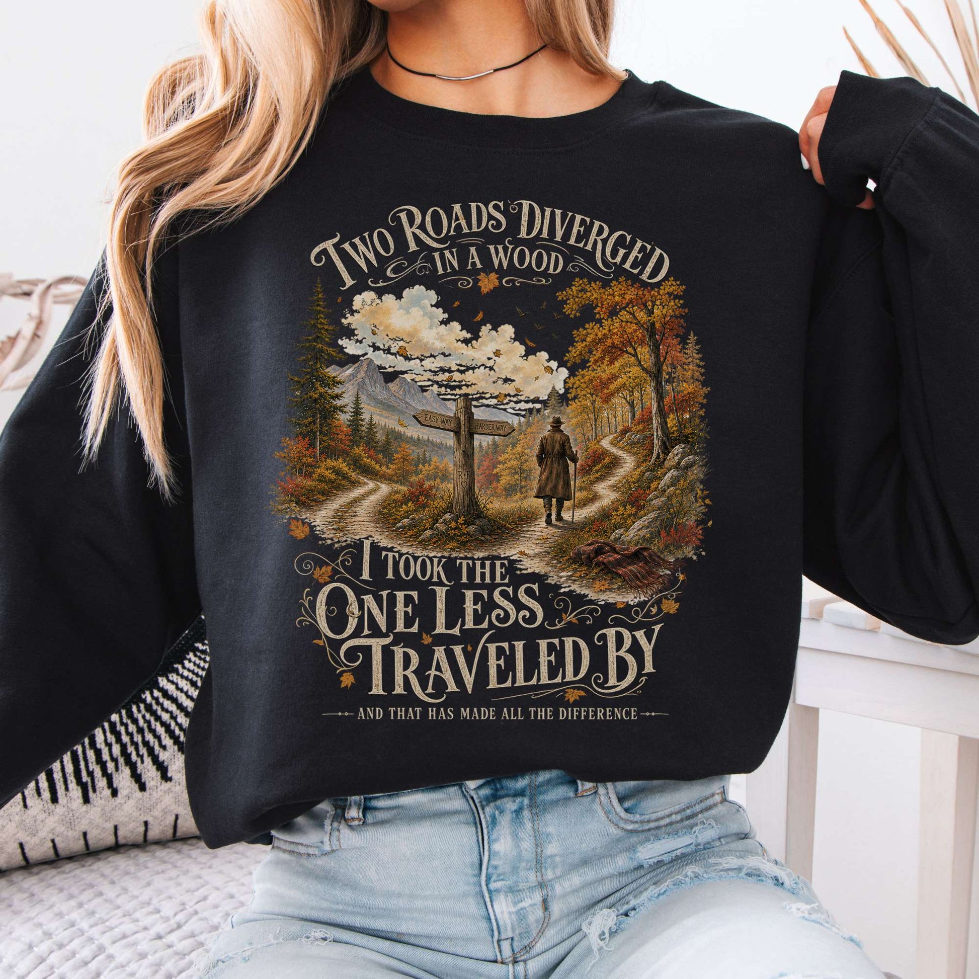 Sweatshirt Black / S The Road Not Taken Robert Frost Literary Crewneck Sweatshirt The Mystic Eden