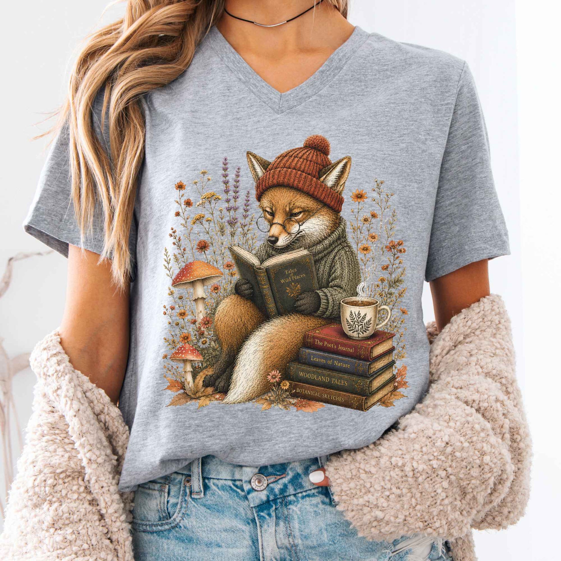V-neck Athletic Heather / S The Woodland Reader Fox V-Neck The Mystic Eden