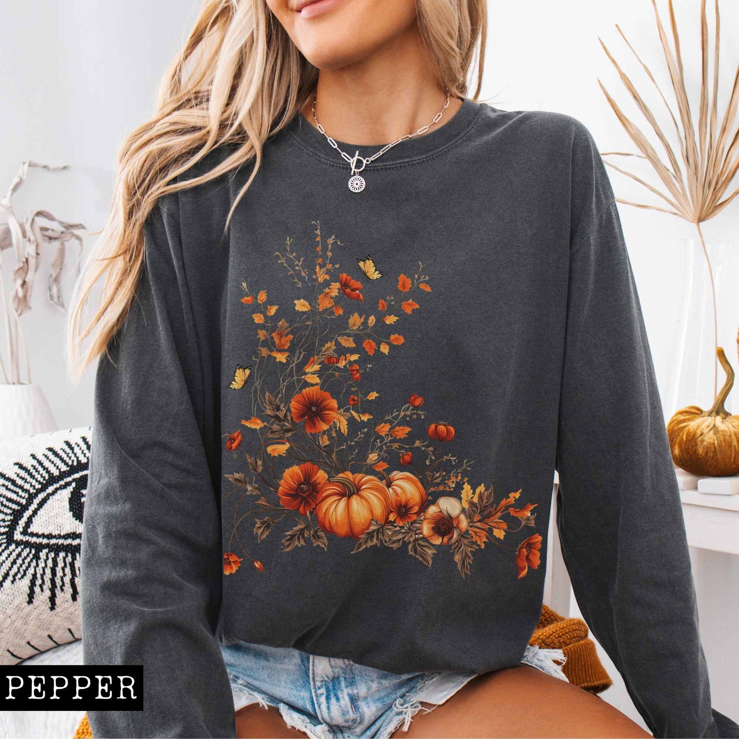 Vintage fall floral pumpkin long sleeve tee