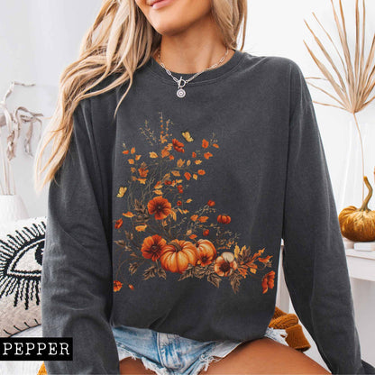 Vintage fall floral pumpkin long sleeve tee