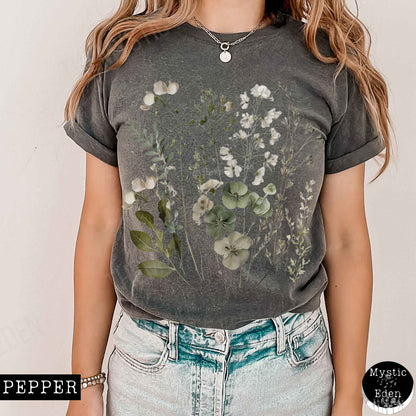 Vintage cottagecore sage and white wildflower shirt