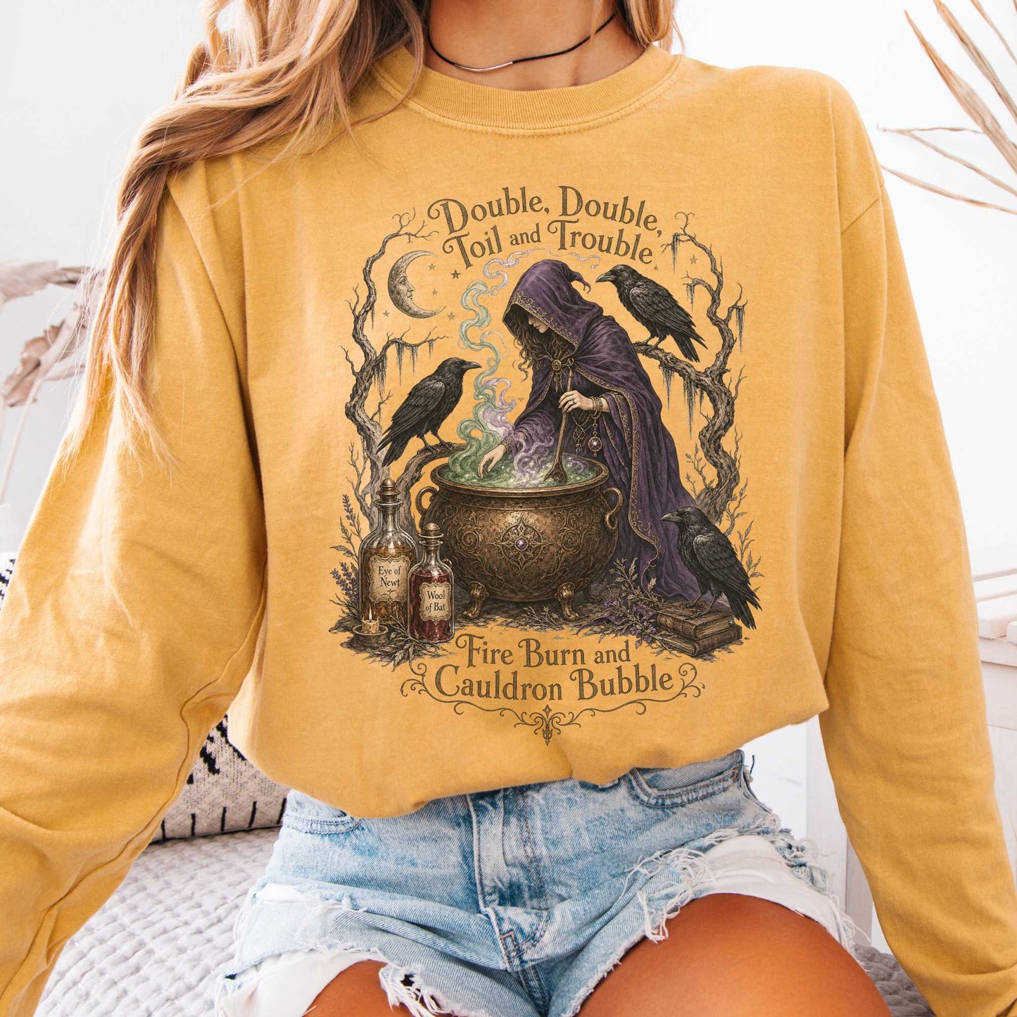 Long-sleeve Mustard / S Double Double Toil and Trouble Macbeth Witch Shakespeare Long Sleeve The Mystic Eden