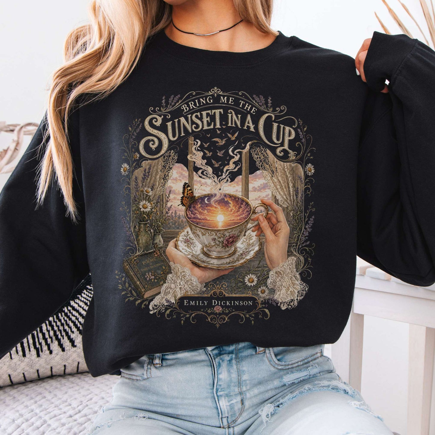 Sweatshirt Black / S Bring Me the Sunset in a Cup Emily Dickinson Literary Crewneck Sweatshirt The Mystic Eden