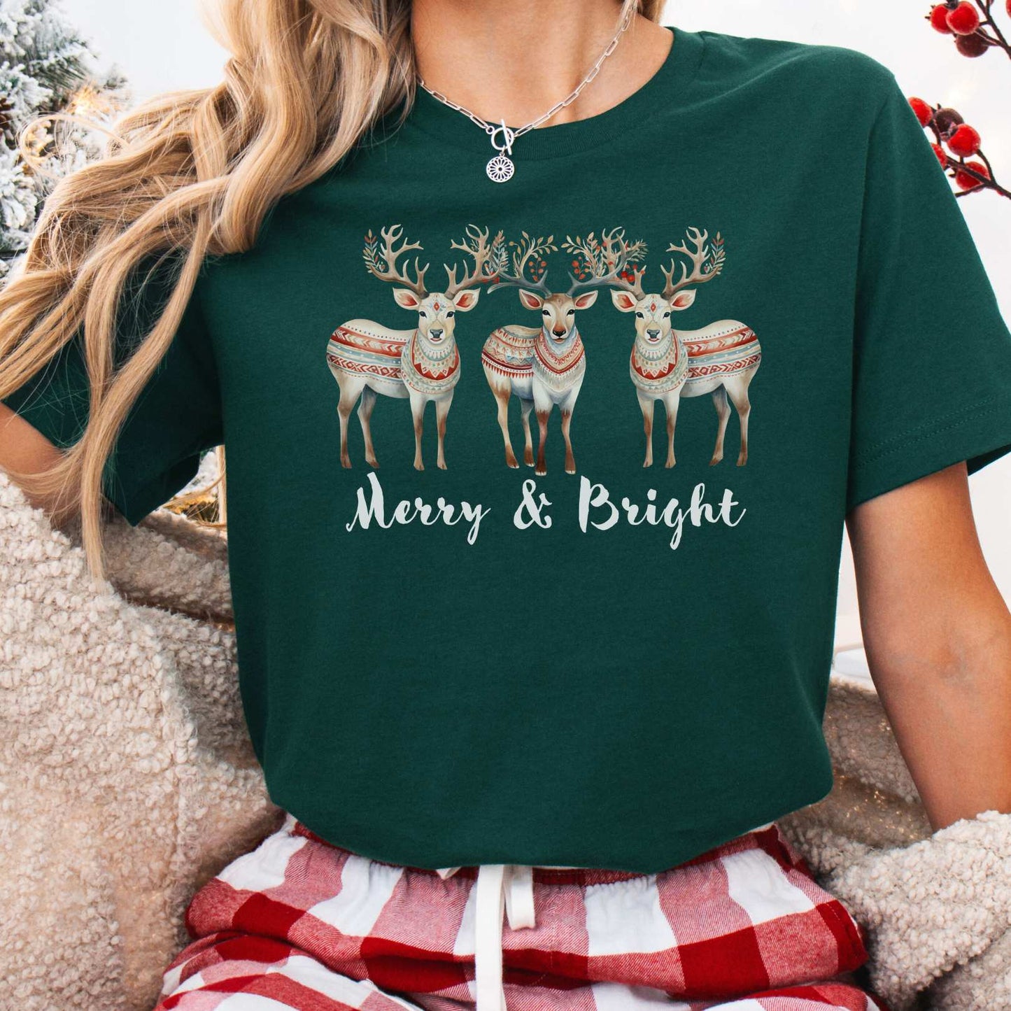 Merry and Bright Reindeer Christmas Tee