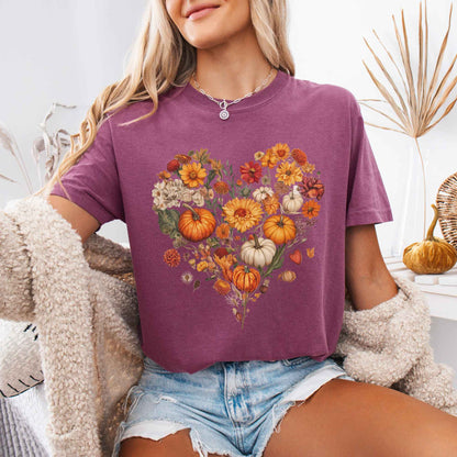 Vintage fall floral pumpkin heart tee