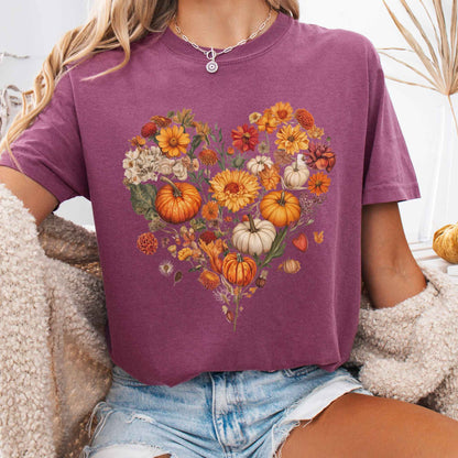 Vintage fall floral pumpkin heart tee