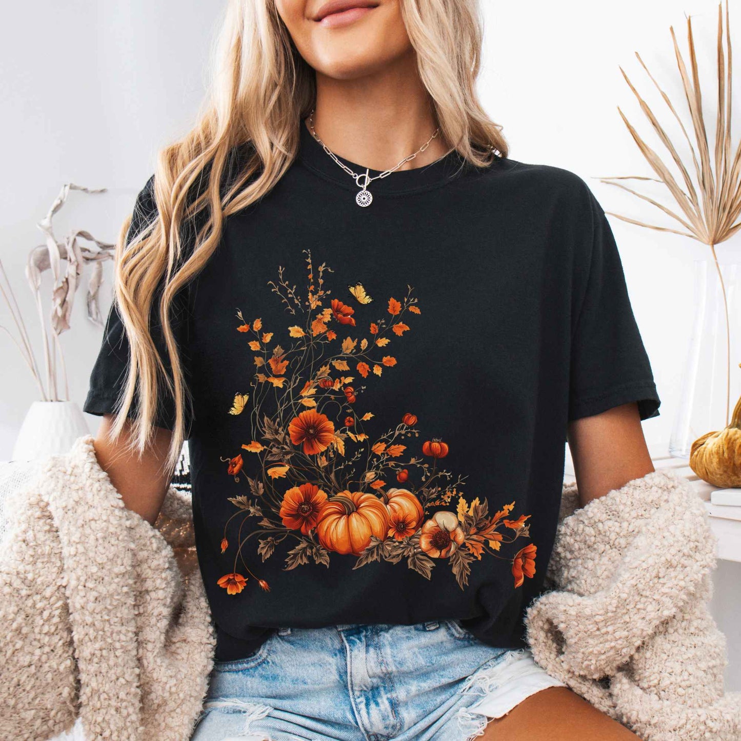 Vintage fall floral pumpkin tee