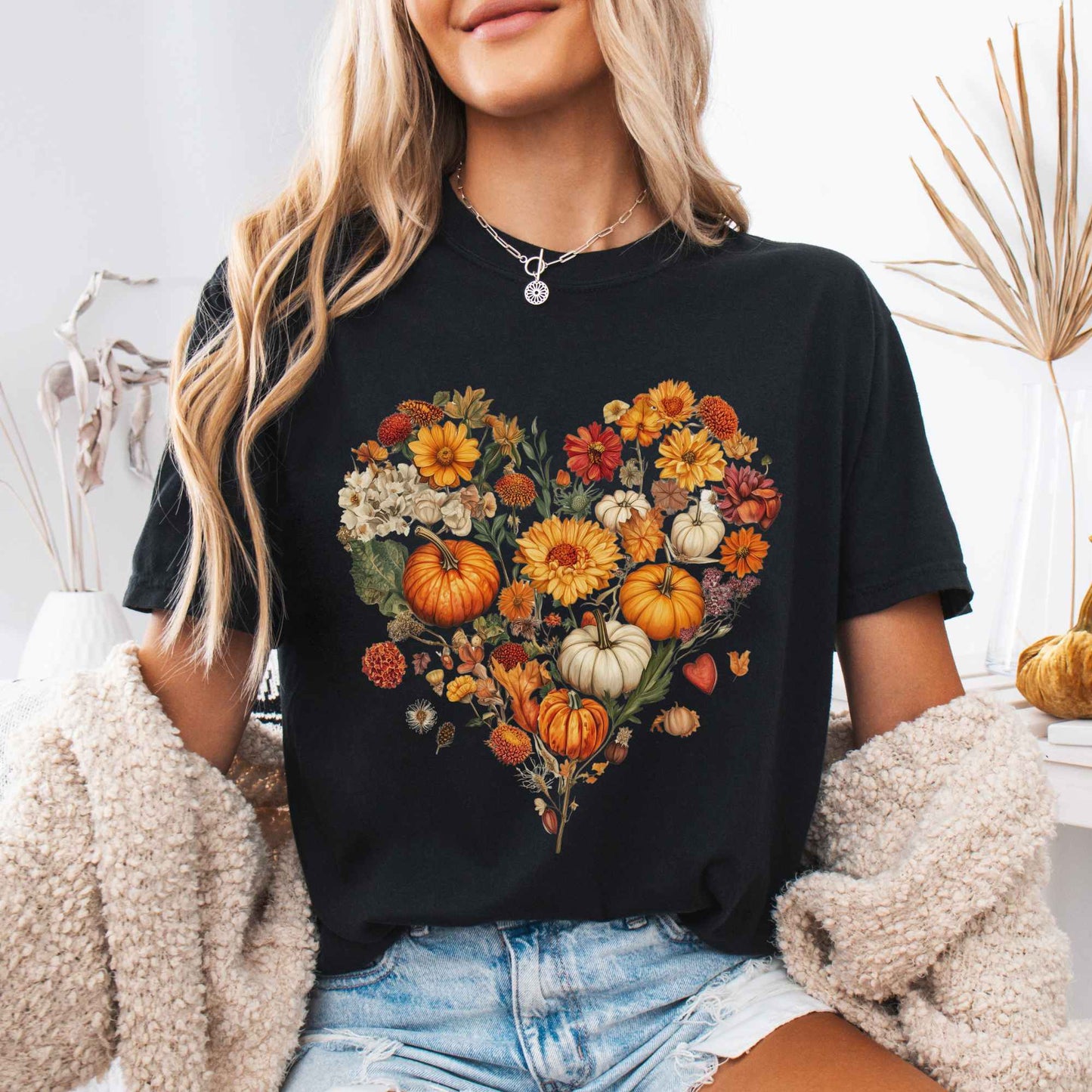 Vintage fall floral pumpkin heart tee