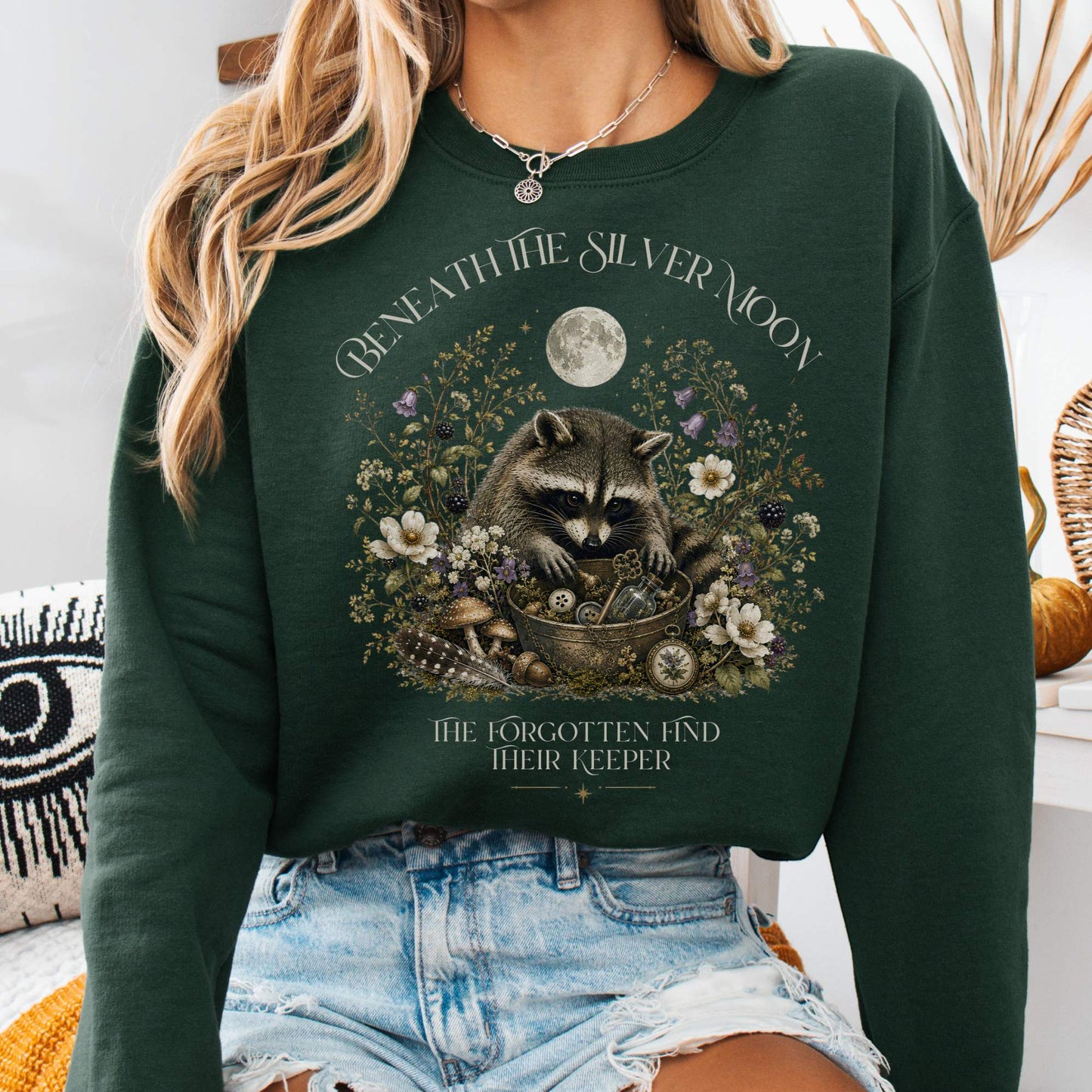 Sweatshirt Forest Green / S Beneath the Silver Moon Raccoon Crewneck Sweatshirt The Mystic Eden