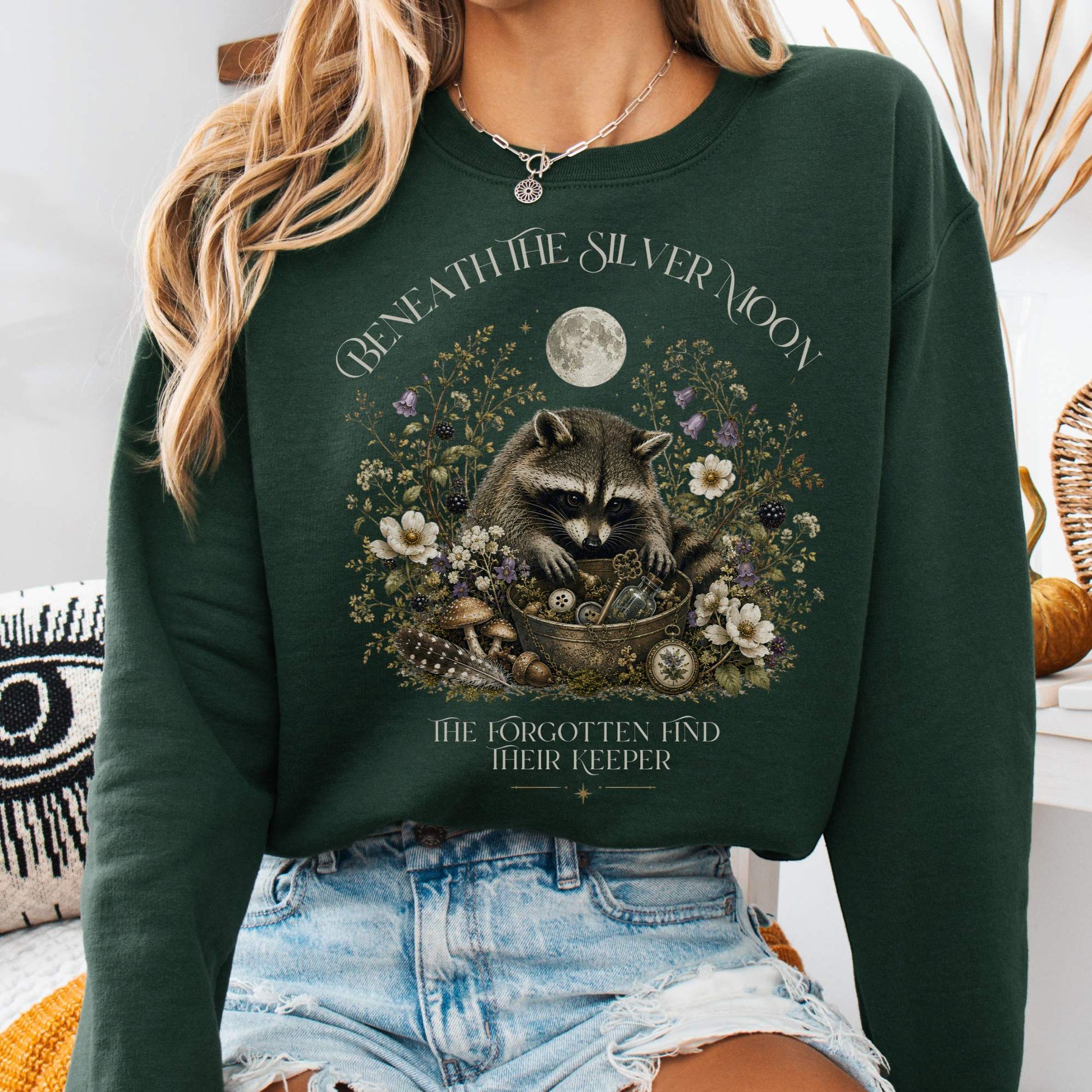 Sweatshirt Forest Green / S Beneath the Silver Moon Raccoon Crewneck Sweatshirt The Mystic Eden