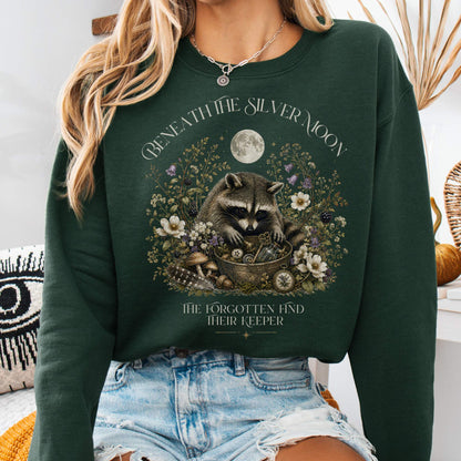 Sweatshirt Forest Green / S Beneath the Silver Moon Raccoon Crewneck Sweatshirt The Mystic Eden