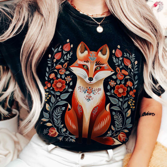 Whimsical Scandinavian Folk Art Fox Shirt